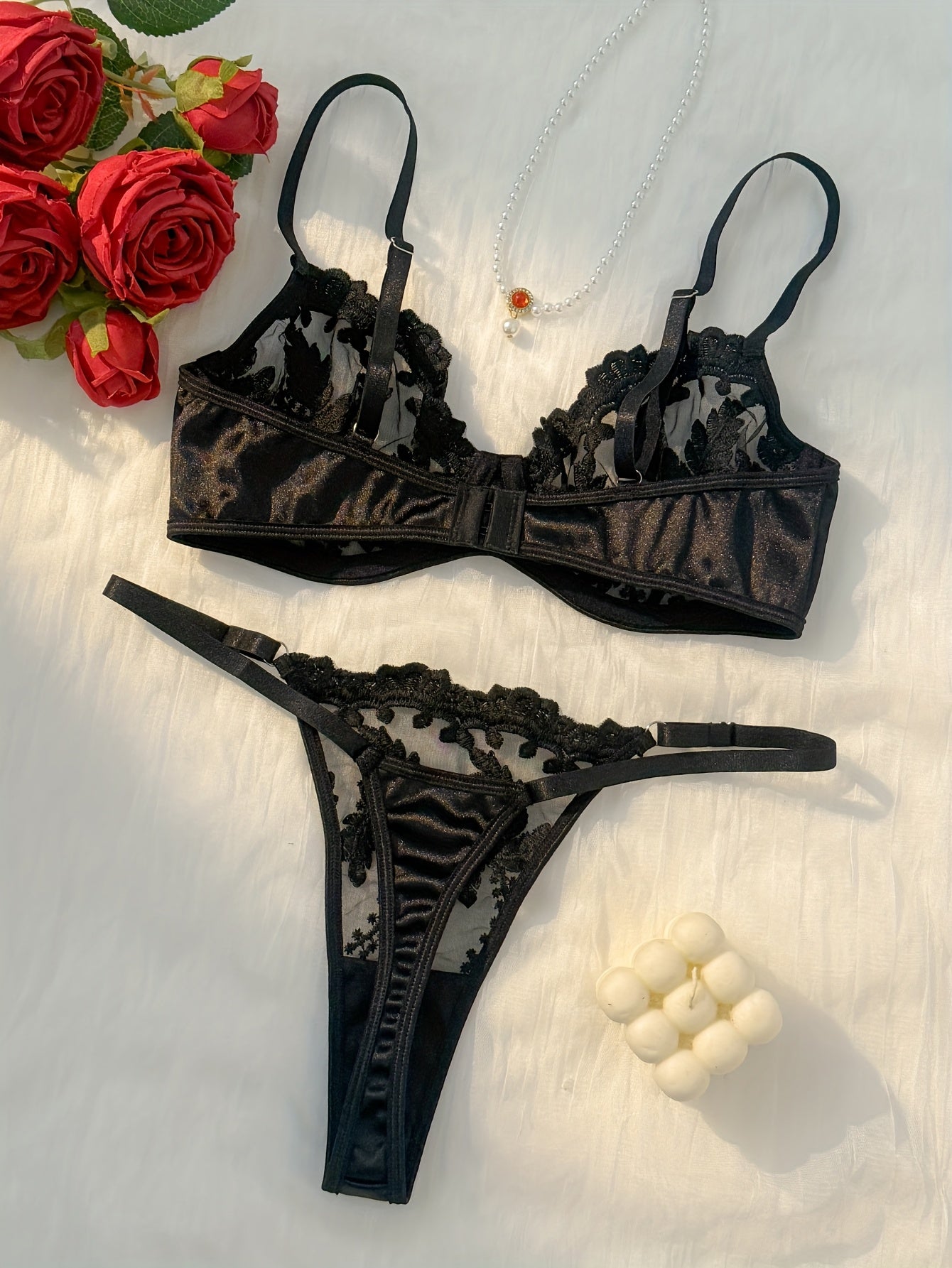 Elegant Wine Red Embroidered Lingerie Set with Thong