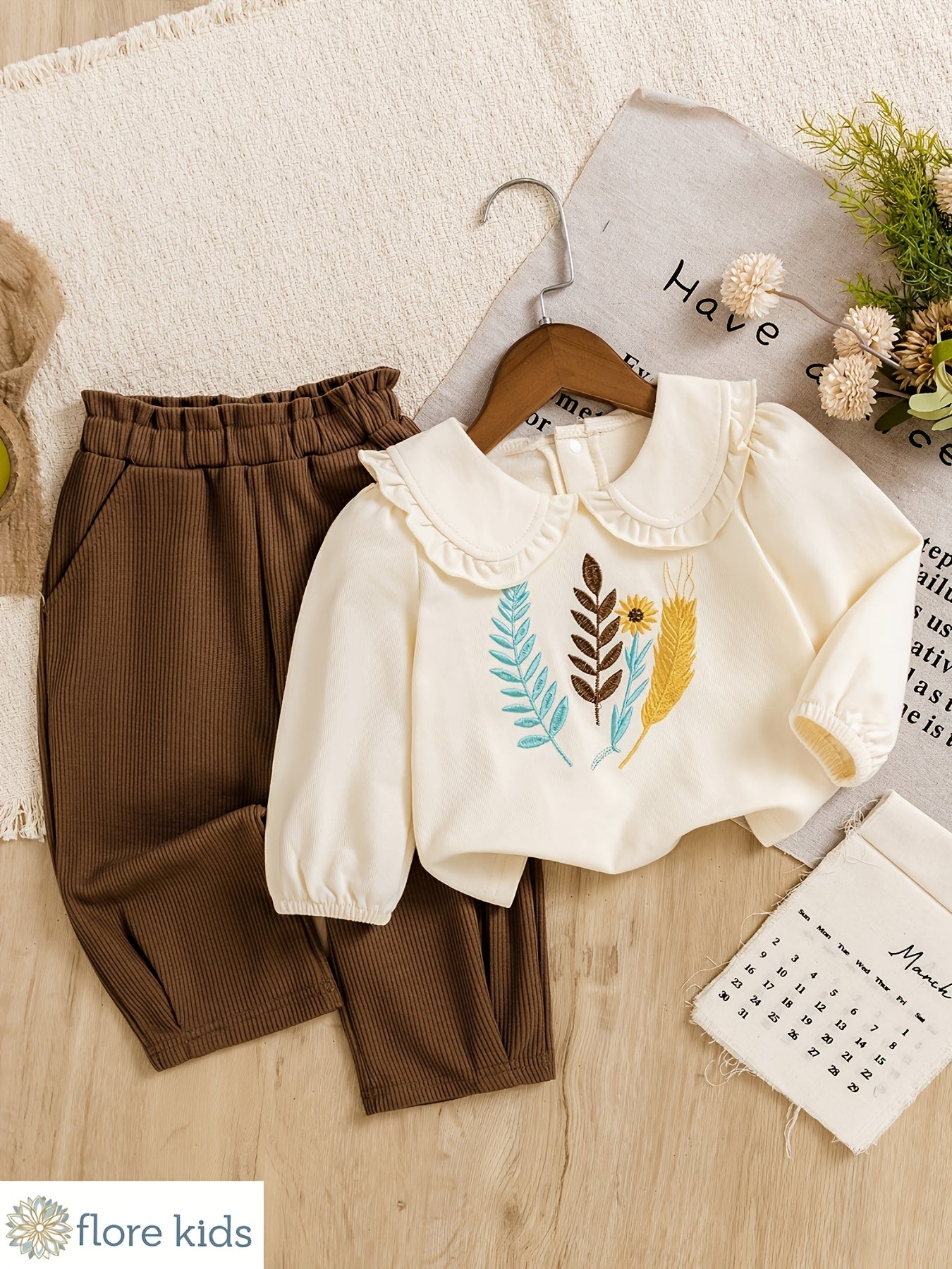 Girls' Infant Toddler Retro Floral Embroidered Top & Striped Pants Set