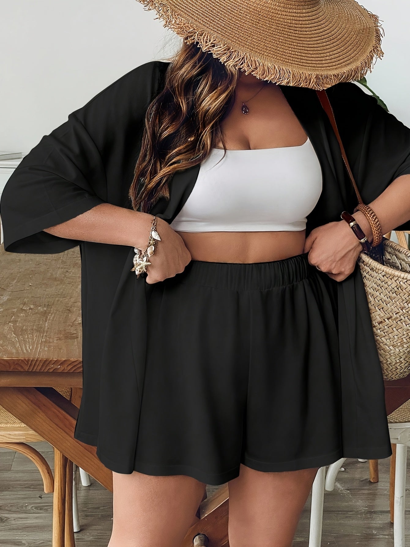 Plus Size Women's Black Casual 2-Piece Set with Cardigan & Shorts