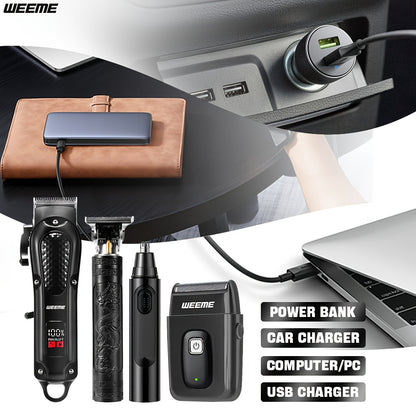 WEEEME 4pcs Men'S Electric Hair Clipper, Nose Hair Clipper, Shaver Set - Wireless USB Charging Professional Hair Clipper Set with Lithium Battery - His Ideal Gift, Hair Accessories | Modern Hair Clipper Tools