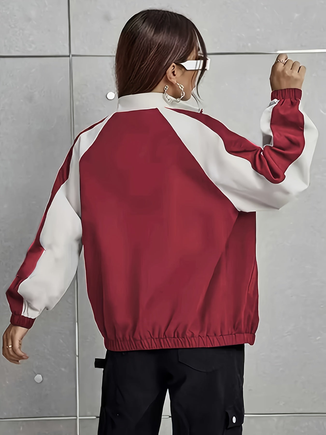 Women's Elegant Mandarin Collar Jacket - Burgundy & Half-Zip Coat with White Piping, All-Season Structured Outerwear (Black /Notch), Machine Washable Casual to Formal Blazer for & Social Events, Jackets For Women, Jacket For