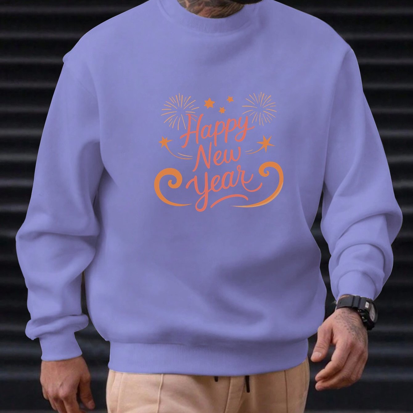 Men'S Happy New Year Sweatshirt - Light Grey with Orange Lettering - Regular Fit Crewneck Pullover for New Year'S Eve, NYE Parties & Casual Attire - Non-Permanent Celebration Sweater for Everyday & Special Occasions, New Year