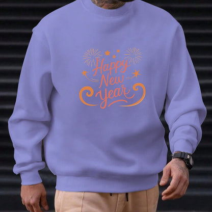 Men'S Happy New Year Sweatshirt - Light Grey with Orange Lettering - Regular Fit Crewneck Pullover for New Year'S Eve, NYE Parties & Casual Attire - Non-Permanent Celebration Sweater for Everyday & Special Occasions, New Year