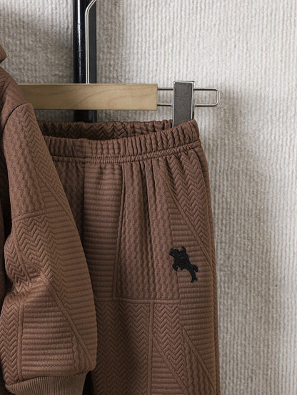 2pcs Boys' Casual Outfit Set, Long Sleeve Hooded Jacket with Embroidery and Zipper, Geometric Pattern Knit Pants, Polyester with Spandex Lining, Regular Fit for Autumn/Winter, for Outdoor