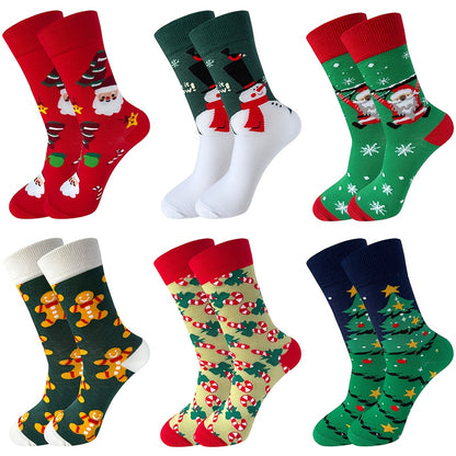 6 Pairs of Autumn-Winter Christmas Socks with Cute Cartoon Snowman and Reindeer Design for Men & Women, Mid-Calf Length, Cozy Comfort, Winter Essentials, Playful Pattern, Fun Holiday Style, Warm Material, Durable Socks, Unise