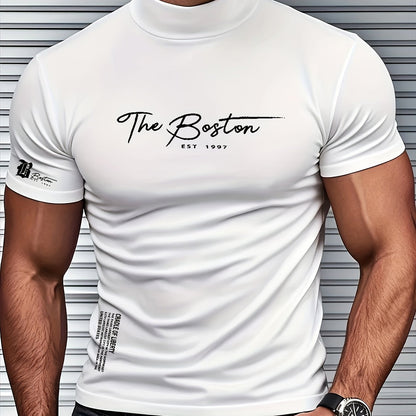 Men's Slim Fit Breathable Moisture-Wicking Short Sleeve T-Shirt - Lightweight All-Season Small Stand-Up Collar Tee with Boston Letter Print for Gym, Outdoor  Casual Wear, Active Lifestyle, Modern Design, Durable Construction