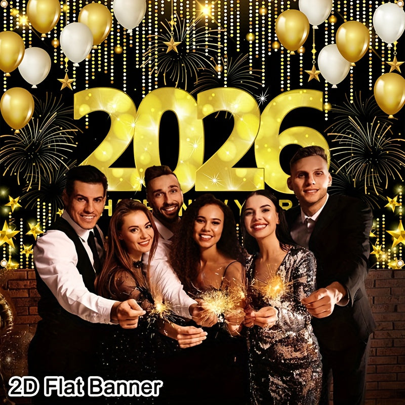 2D Flat, 1pc 2026 Happy New Year Party Backdrop Banner - 80x120cm Polyester Champagne & Cityscape Design, Golden & Purple Fireworks, Festive New Year'S Eve Decor for Home, No Electricity Needed, New Year Decorations, Flag For