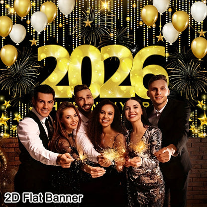 2D Flat, 1pc 2026 Happy New Year Party Backdrop Banner - 80x120cm Polyester Champagne & Cityscape Design, Golden & Purple Fireworks, Festive New Year'S Eve Decor for Home, No Electricity Needed, New Year Decorations, Flag For