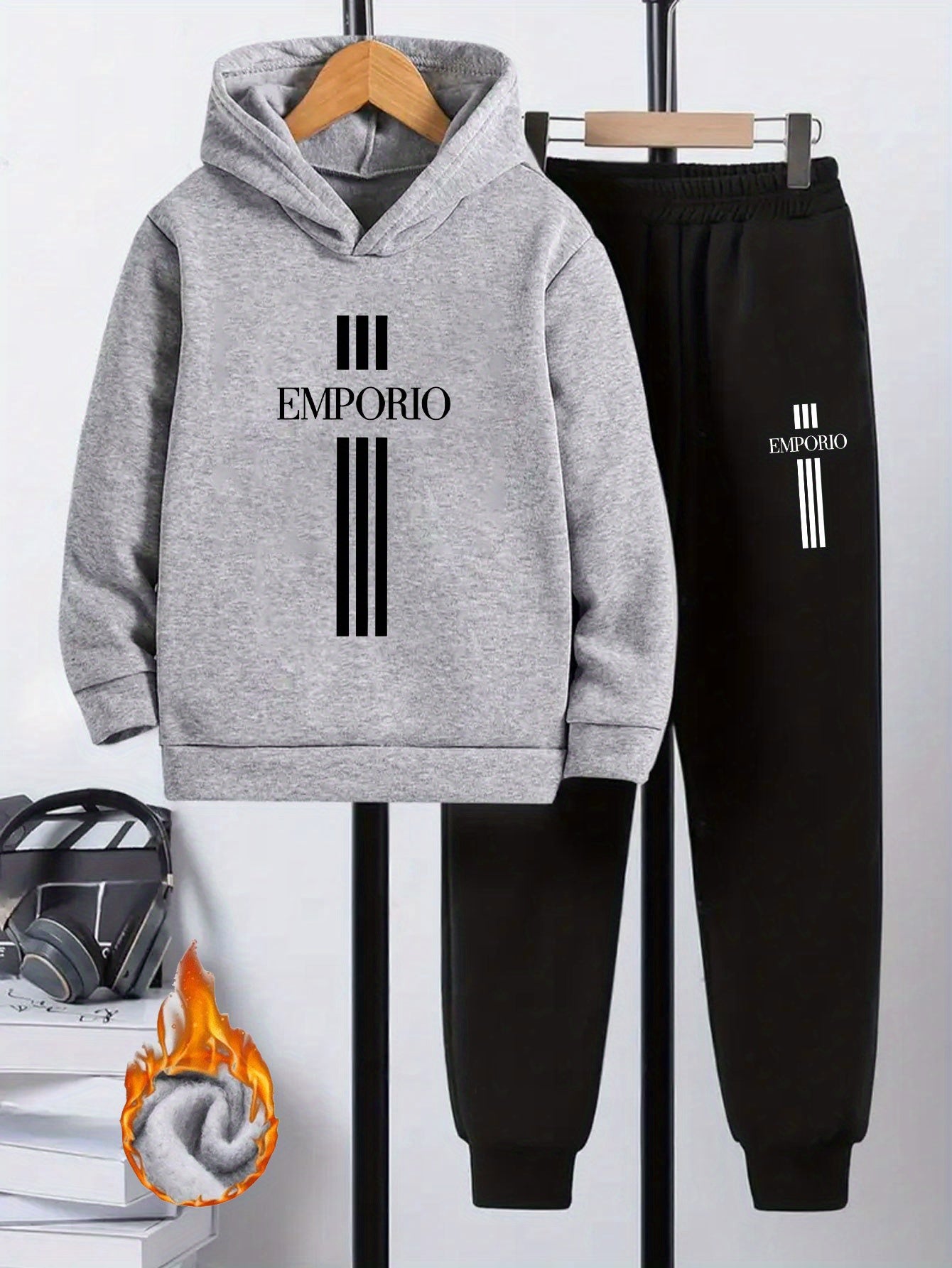 Boys' 2pcs Hoodie and Sweatpants Set with EMPORIO Print, Polyester Material, Comfortable Fit for Autumn/Winter Wear, Perfect for Daily Use and Outdoor Activities | Back-to-School Gift | Ideal for Home Sports | Essential for R