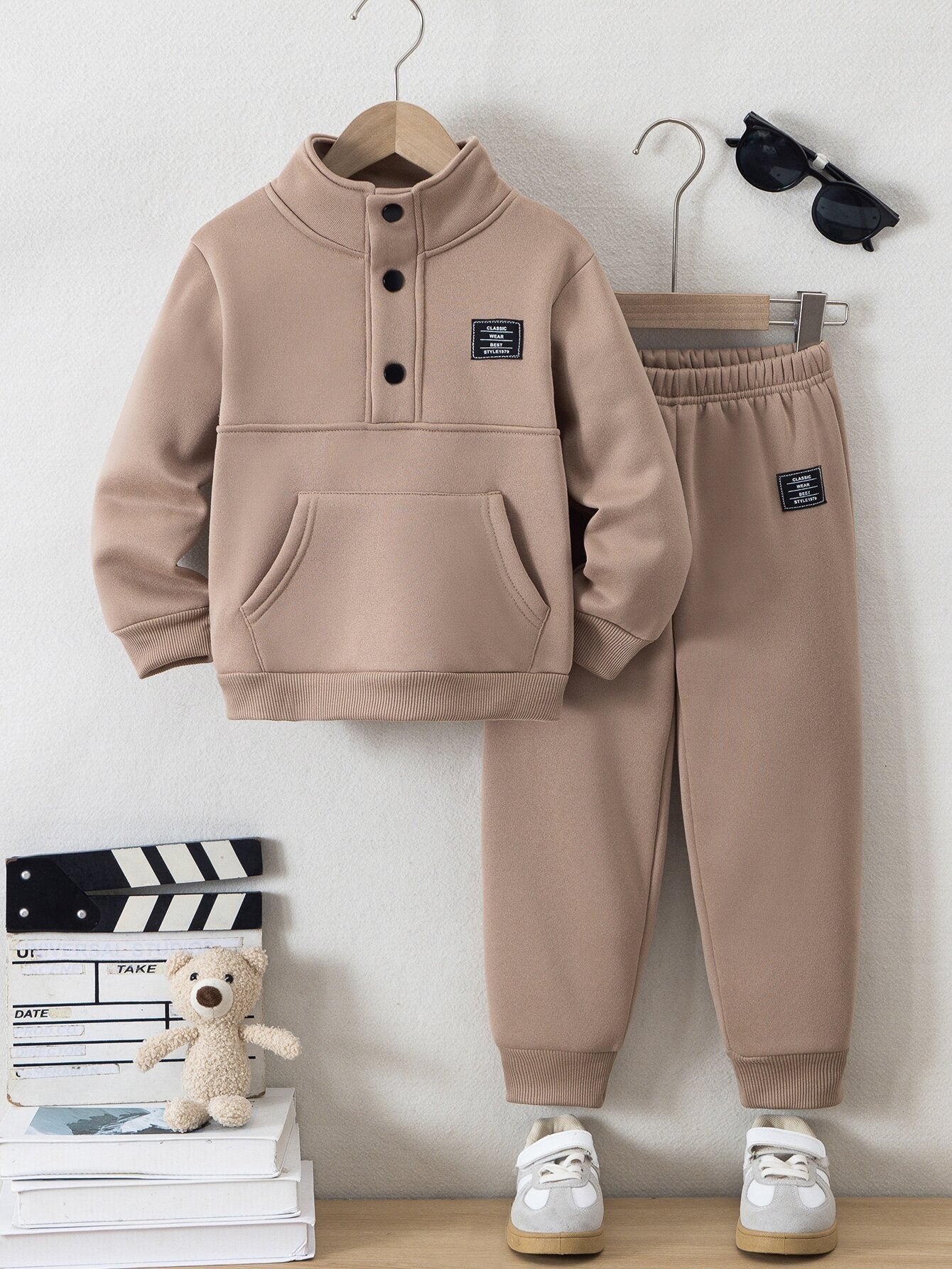 Boys' Cozy Fleece-Lined Hoodie & Sweatpants Set - Olive Green Casual Winter Outfit with Pockets, Thick Warmth for Fall & Winter, Regular Fit, Casual Attire, for Outdoor