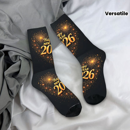 1pc Harajuku Happy New Year 2026 Crew Socks - Black with Golden Glitter "Happy New Year 51.46meter Print, Versatile Sports & Fitness Socks for Men, Women, and Gifts, Hand Wash or Dry Clean, Festive Socks | Festive Crew Socks