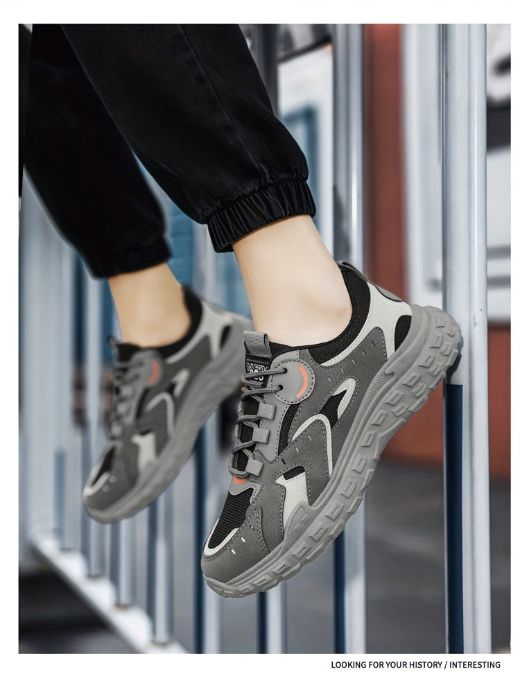 Men's Trendy Chunky Sneakers - Breathable Mesh  PU Upper, Durable PVC Sole, Lace-Up Casual Sneakers in Gray, Black  Orange, All-Season Comfort for Casual Attire