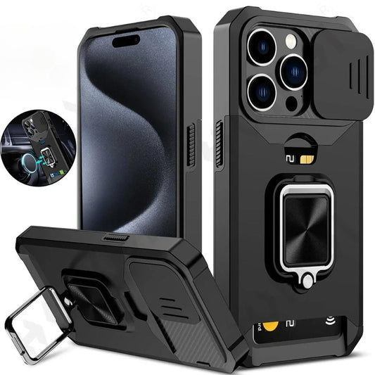 Retro PVC Phone Case with Sliding Camera Slot and Ring Stand - ayq