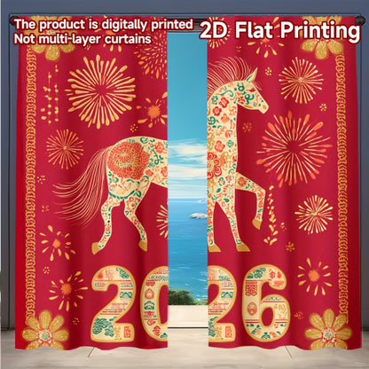 2D Flat, 2pcs, 2D Flat Printing New Year atmosphere curtains Festive Horse 2026 Celebration, Polyester, for Bedroom, Study, Living Room, Balcony, Office, Dormitory, Home Decoration, (rod free), 2D Flat, Celebration Setup, Sea