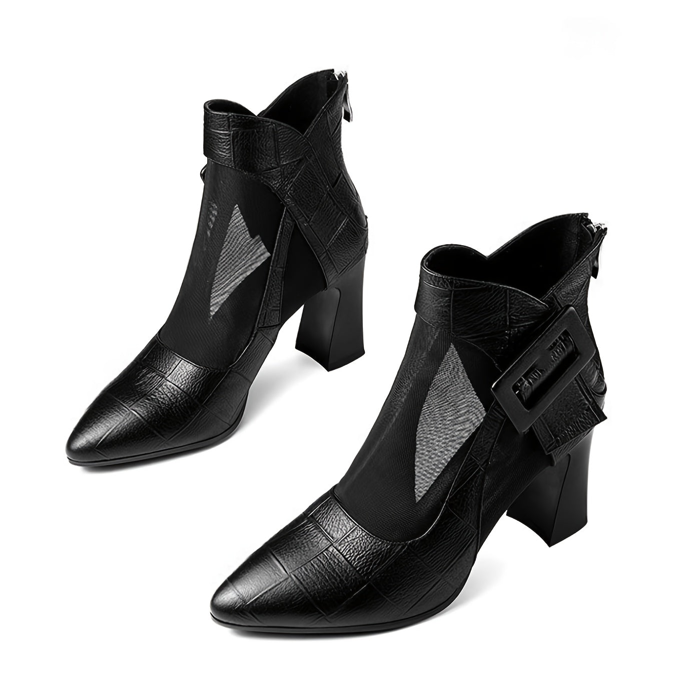 Women'S Pointed Toe Chunky Heel Pumps - Breathable Mesh Back Zipper Closure, Synthetic Cover Upper  Rubber Sole, Black Summer Casual Formal Dress Shoes for Office, Weddings, Parties, High Heel Boots, Wedding Guest Shoes, Cri