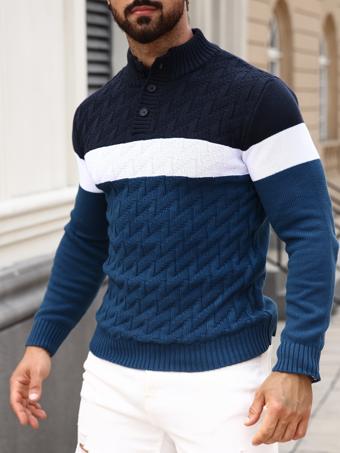 Men'S Stand Collar Pullover | Casual Fashion Quarter Button Stitching Knitwear with Geometric Pattern, Long Sleeve, Regular Fit for Fall/Winter - ayq