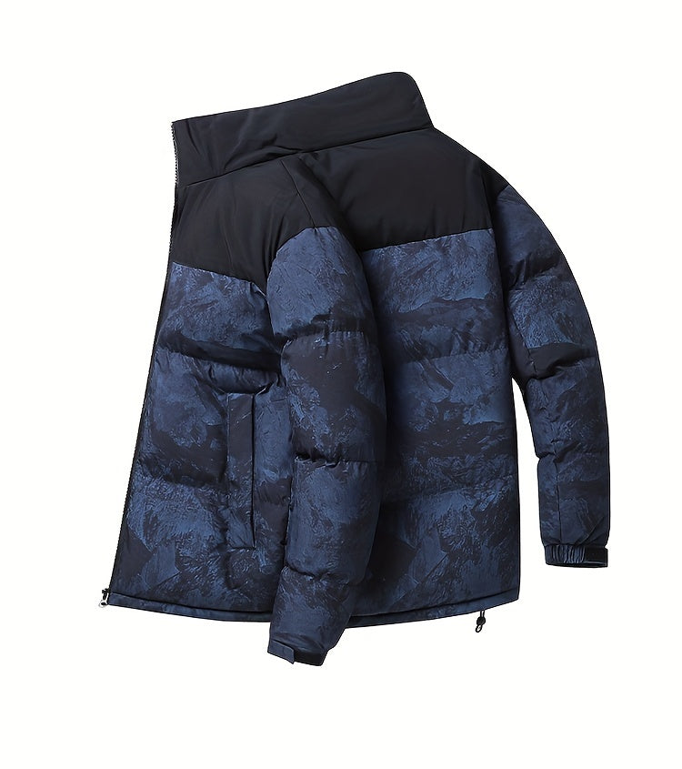 Men's Winter Jacket Windproof Coat with Stand Collar & Camo Marbled Pattern (Black/White/Grey) - Thickened Padded, Full-Zip Closure, for Skiing,, Outdoor Activities - Cold Weather Survival