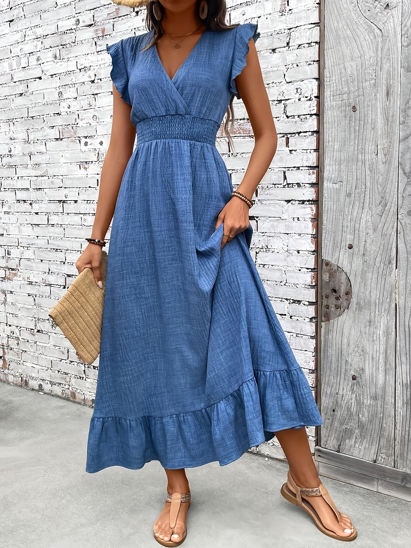 Women's Casual Waist-Cinching Maxi Dress with V-Neck