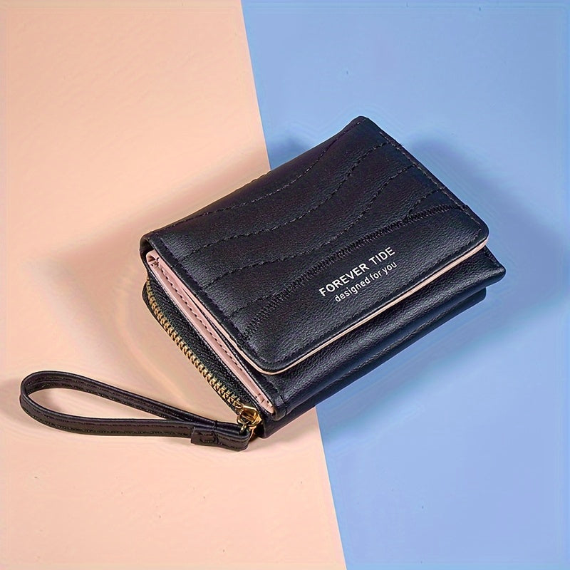 2024 New Women'S Short Wallet, Korean Style Zippered Coin Purse, Simple Design, Tri-Fold Multifunctional Faux Leather Card Holder.