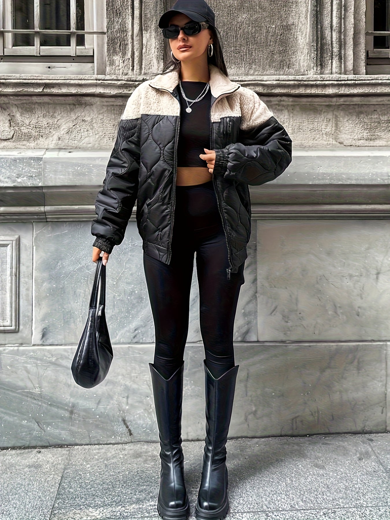 2025 Autumn And Winter Fashion New Street Casual Trend Quilted Spliced Lamb Long Sleeve Warm Jacket for Women