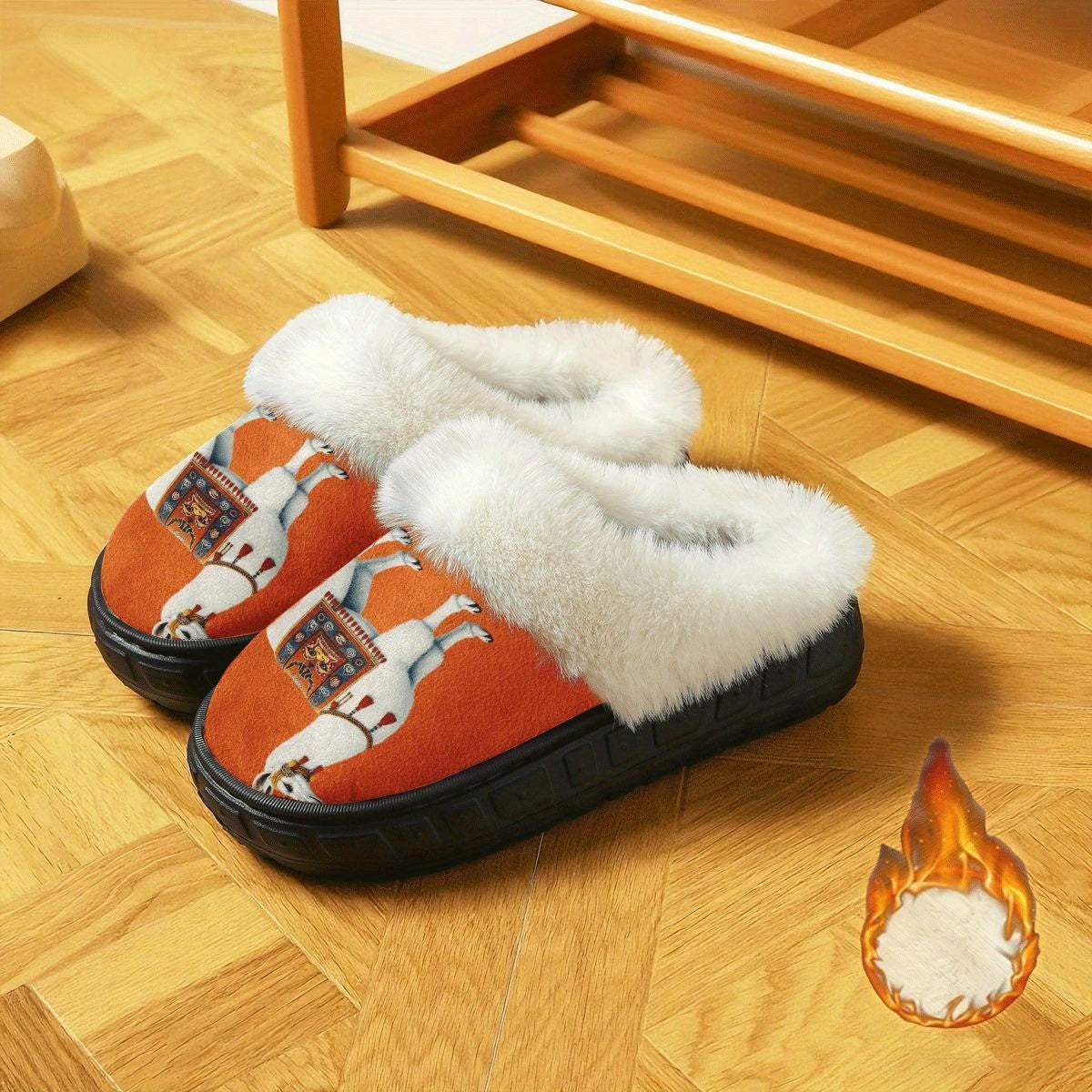 Unisex Winter Print Snow Slippers - Round Toe Warm /Outdoor House with Alp for men & Women, Cozy Sole & Soft Fabric Upper, Ideal Christmas/New Year Gift (Orange Animal Design)