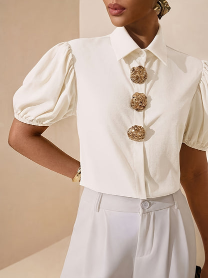 Women's Elegant Solid Color Puff Sleeve Shirt with Metal Buttons