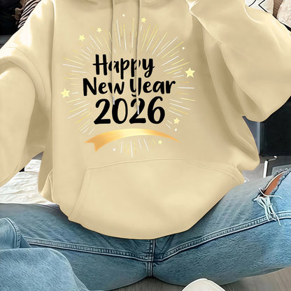 Women'S Pink "Happy New Year 51.46meter Print Hoodie - Cozy Casual Pullover with Golden Glittery Lettering, Long Sleeves, and Drawstring Hood, Perfect for Winter Celebrations, Winter Hoodie | Festive Print Hoodie | Stretchy F