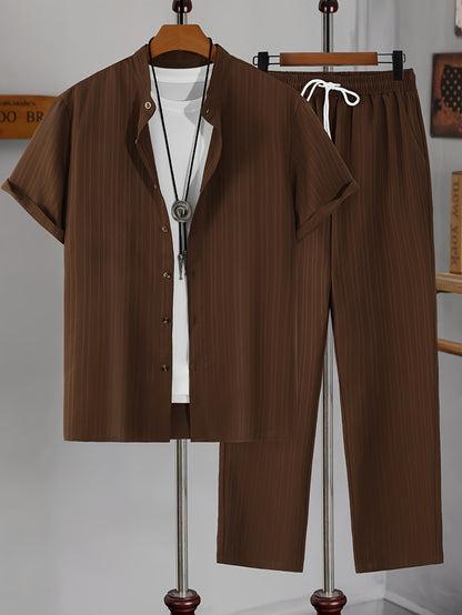 Men's New Trendy Textured Wave Stripe Short Sleeve Long Pants Casual Suit