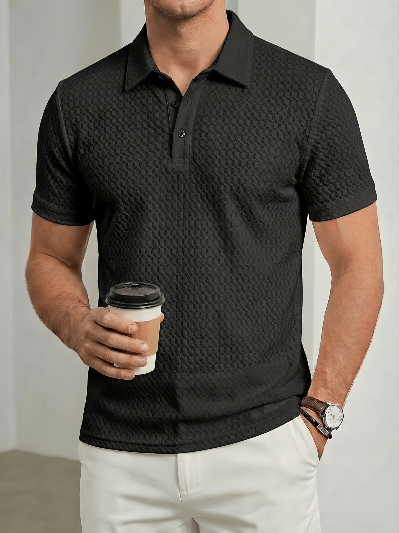 Men's Breathable Waffle Knit Polo Shirt, Summer Casual Work Tee