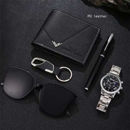 5 Luxury Men'S High-End Business Watches + Stylish Minimalist Wallet And Glasses + Pen Keychain, Suitable for Everyday Wear.