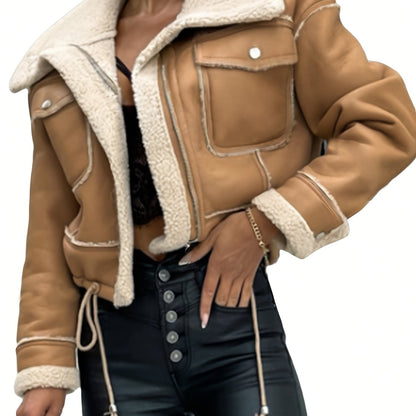 Women's Suede-Like Lamb Fleece Jacket - Winter Warm Coat with Full-Zip Closure, Collar & Plush | Hand Washable Soft Outerwear for Fall & Winter | Cozy Casual Outer Layer (No Dry Clean) | Lamb Fleece Coat for Cold Weather