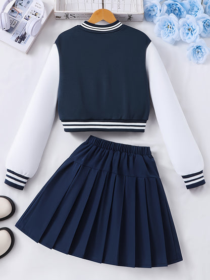 Girls' Preppy Baseball Collar Top and Pleated Skirt Set
