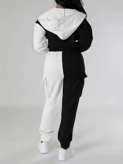 Women's Color-Block Hooded Casual Set for Fall Winter