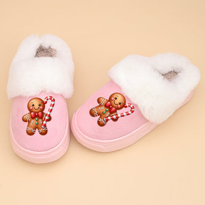 ' Winter Warm Plush Slippers with Gingerbread for Man & Candy Cane Strap - Soft Sole Low-Top Indoor/Outdoor House Shoes for &, Pink//Beige (Unisex Snowflake Booties), for Teenager