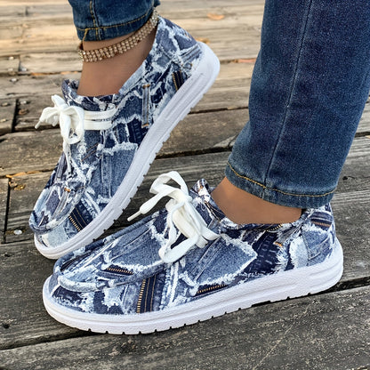 Women's Denim Print Flat Sneakers, Lightweight Round Toe Low Top Shoes, Casual Outdoor Walking Shoes plus size
