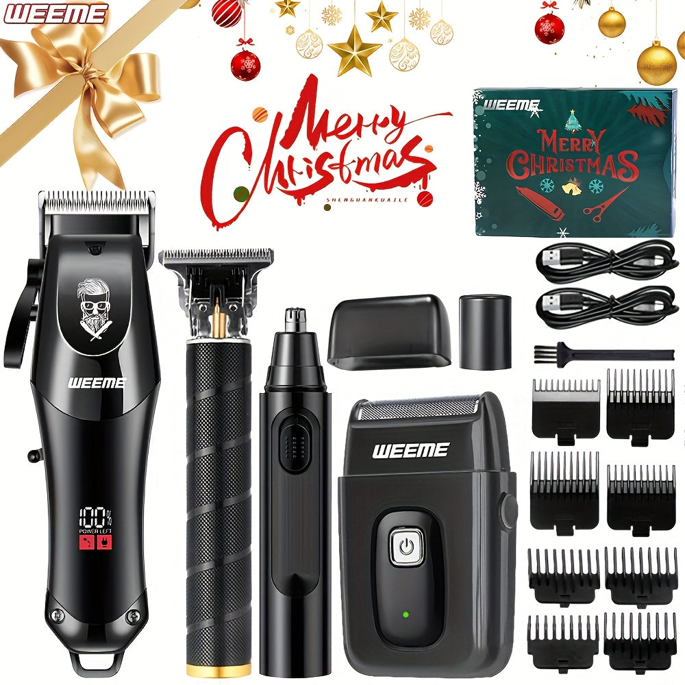 WEEME 4pcs Professional Hair Clipper Set for Men, Cordless Barber Clippers and Trimmer Kit, Electric Beard Trimmer and Nose Trimmer, Foil Shaver Grooming Tools, Luxury Christmas Gift Set for Him (Black) - ayq