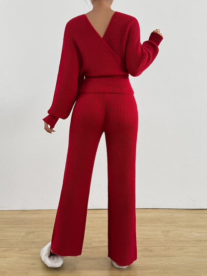 Women's Autumn Winter Sweater V-Neck Sleeveless Pullover with Wide-Leg Pants Elegant Two-Piece Set