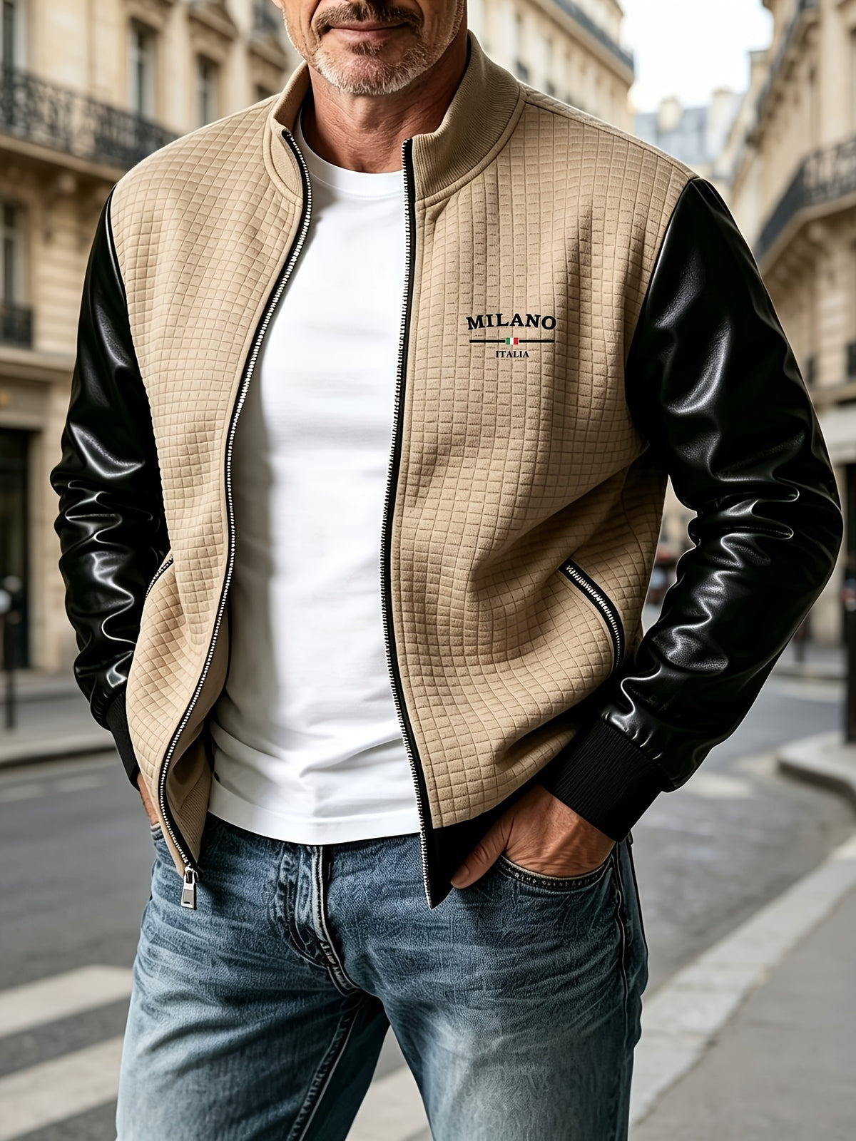 Men's Slim-Fit Jacquard Bomber Jacket with Zipper - Fall/Winter