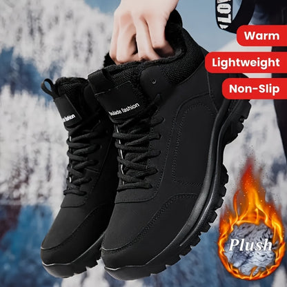 Men'S Mid-Top Winter Snow Boots - Lightweight, Non-Slip, Warm Plush Lining, Durable MD Sole, Black Workwear & Street Style for Outdoor Sports, Hiking, and Daily Leisure, Winter Boots, Hiking Footwear, Sleek Boot Design, Flexi