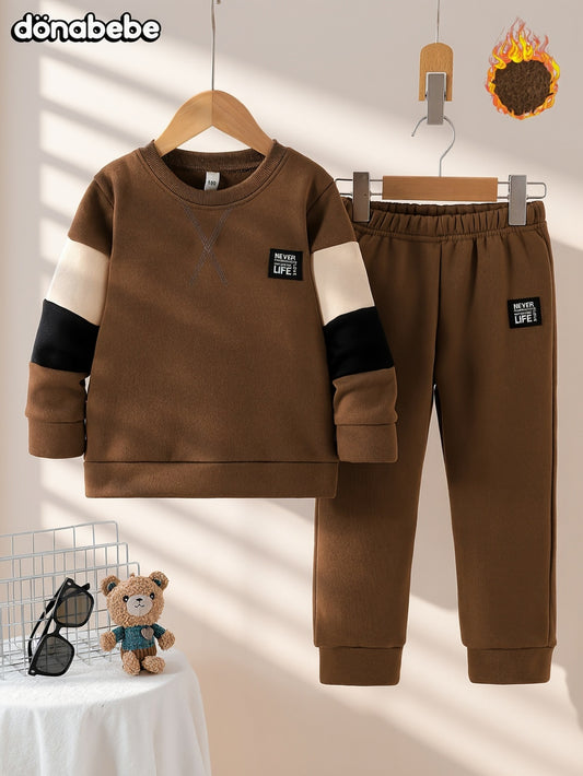 Autumn Winter New Thickened Round Neck Sweatshirt Long Sleeve 3-Color Patchwork Cross Print Letter Patch Warm Comfortable Casual Versatile Sports Pants 2pcs Set, DONABEBE, for Outdoor