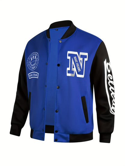 Men's Letter Print Contrast Color Baseball Jacket