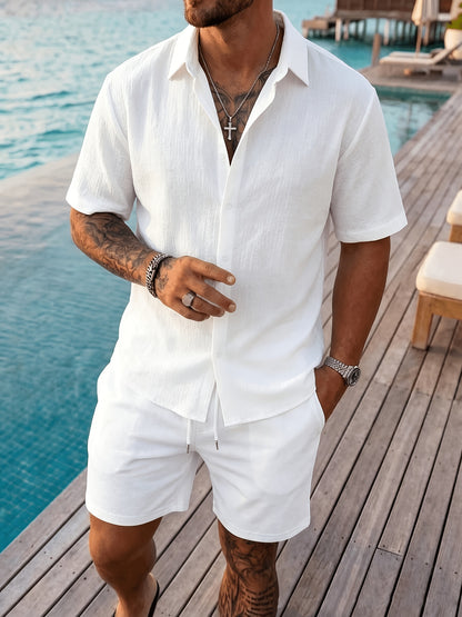 Men's Casual Button-Up Shirt, Cotton-Linen Blend, Short Sleeve