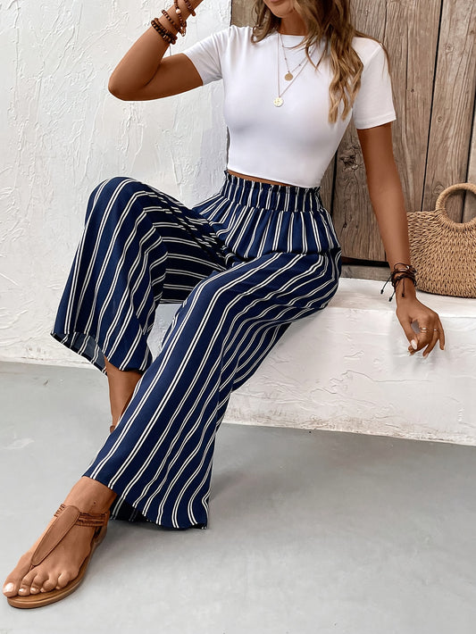 Elegant Striped Wide-Leg Cropped Pants for Women