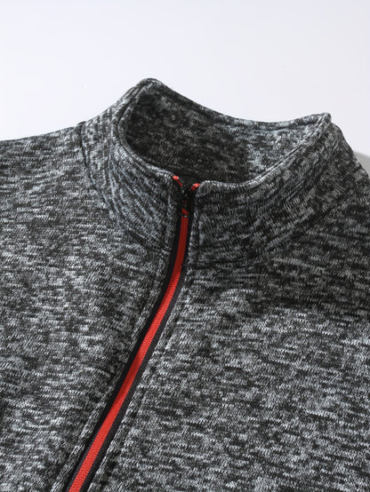 Men's Sporty Full-Zip Stand Collar Sweatshirt - Long Sleeve Casual Pullover with Neon Green Accents, Solid Color Non-Stretch Fabric, Regular Fit for Fall Winter