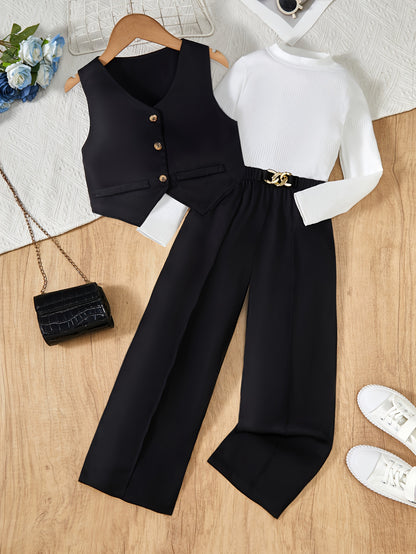 Girls' Formal 3-Piece Vest, Long Sleeve Shirt & Pants Set