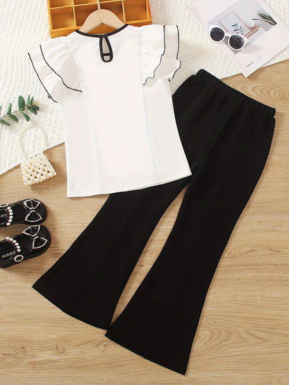 Girls' Elegant Two-Piece Summer Set with Ruffle Bow Top & Flared Pants