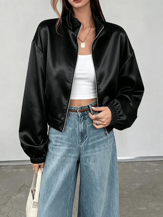 Women's Lightweight Satin Zipper Jacket with Mandarin Collar - ayq