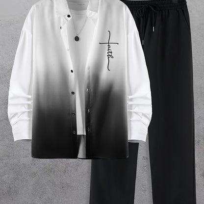 Men's Trendy Gradient Print Collar Long Sleeve Shirt and Pants Fashion Set