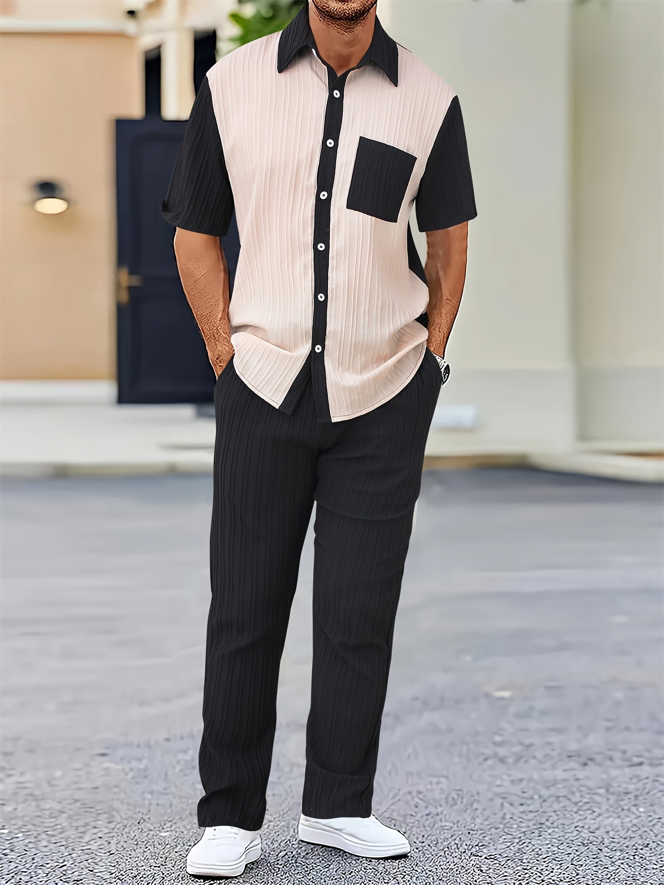 Men's Casual Patchwork Lapel Shirt and Pants Suit for Summer