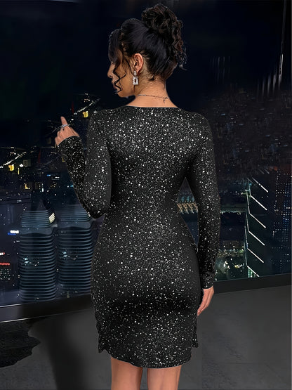 Women'S Elegant V-Neck Long Sleeve Dress with Twist Detail - Sparkling Party & Formal Dress, Stretchy Fitted Fabric, Flattering Bodycon Silhouette for Evening Events, Office, Wedding - Spring/Fall/Summer Fashion, Cute Dresses